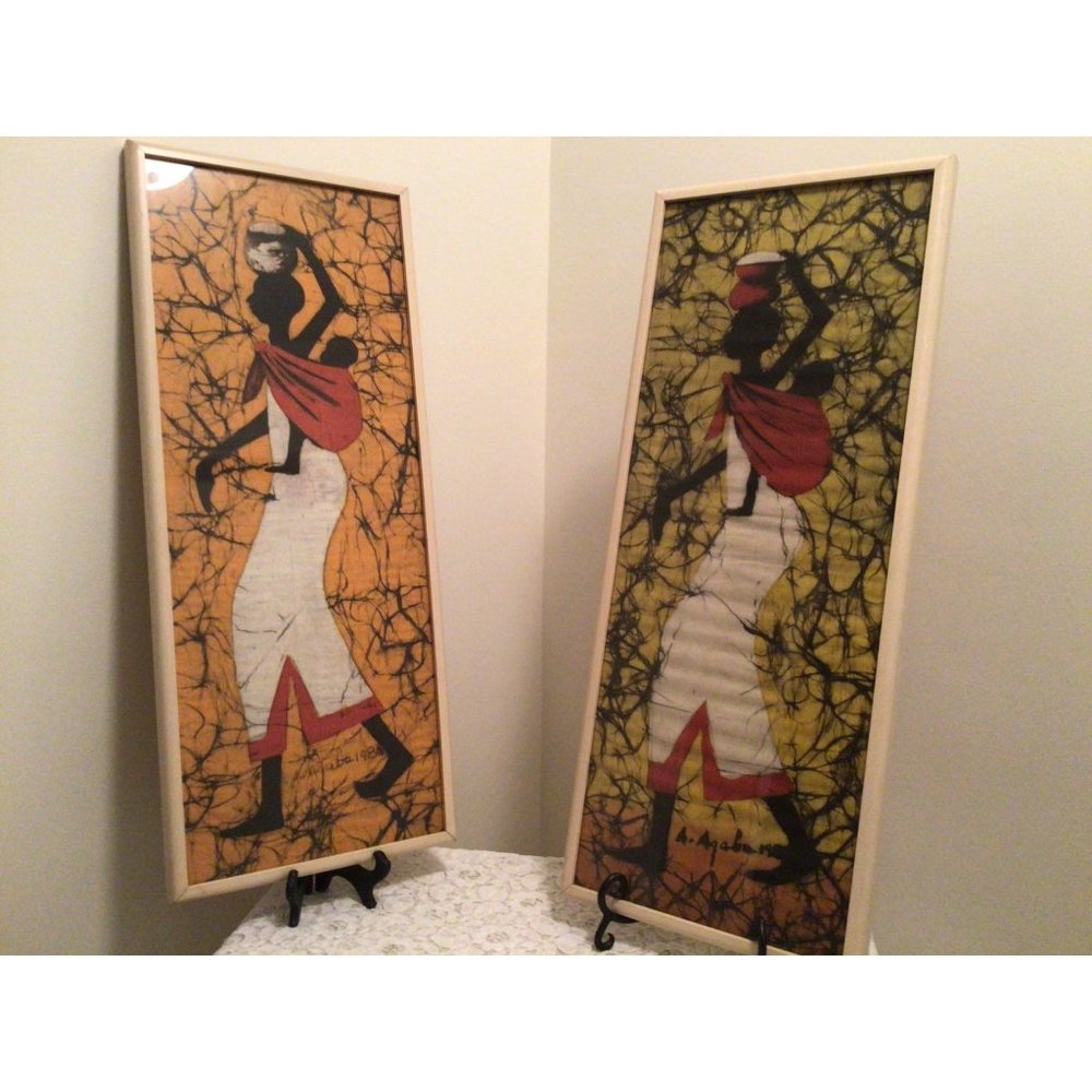 Vintage Pair of Batik Warrior Signed Framed Paintings